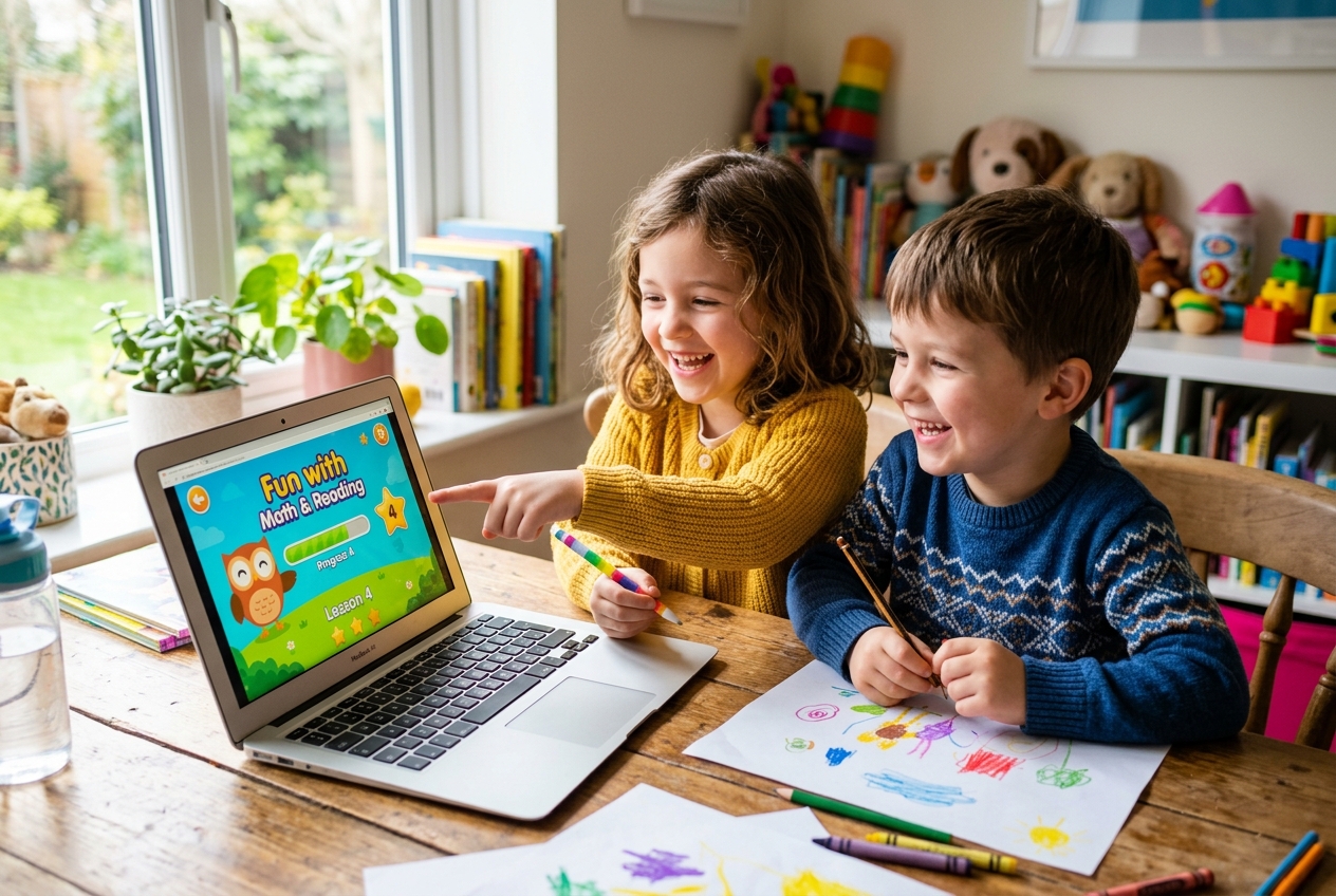 Niños aprendiendo online de manera divertida